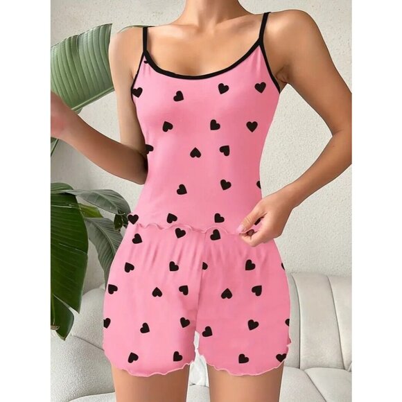2 Piece Sexy Sleepwear lingerie Pajamas Nightwear PJ's Hearts Pink Women's - Picture 2 of 6